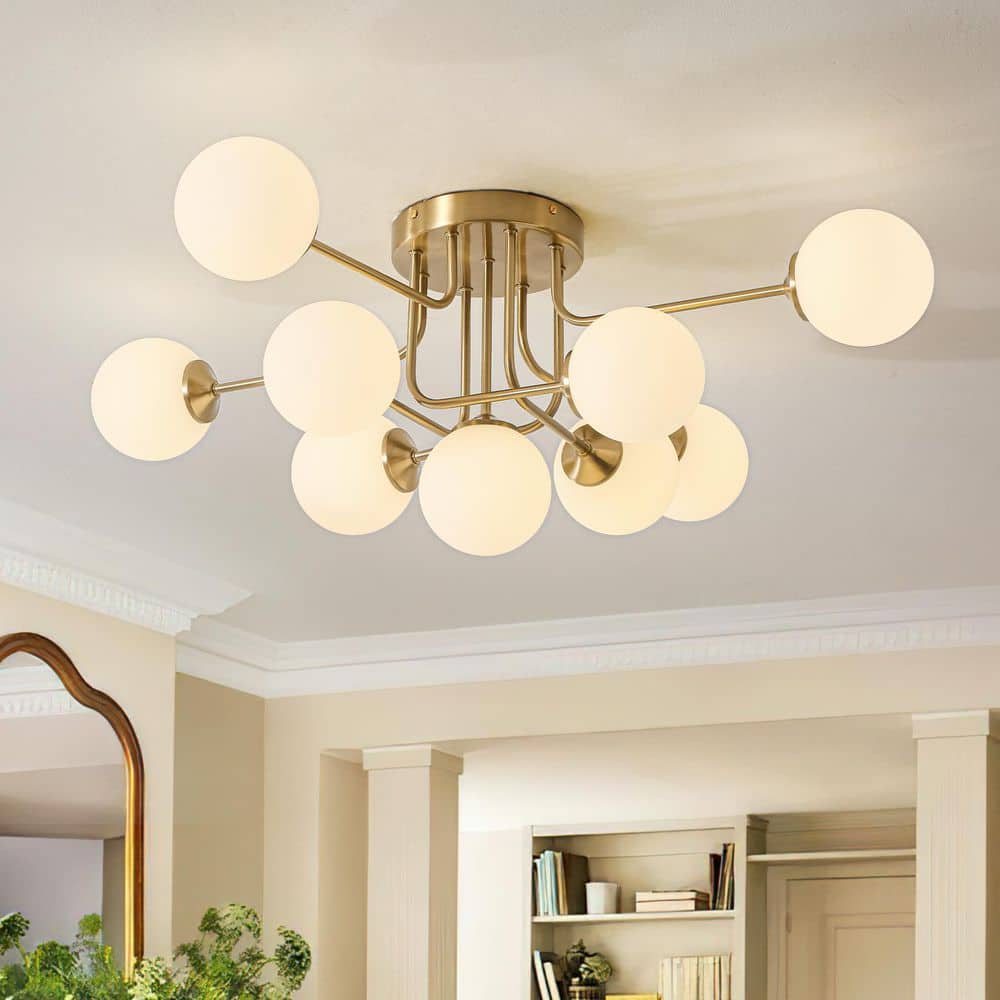 HUOKU Ceder 9-Light 32.7 in. W Brass Semi-Flush Mount Modern