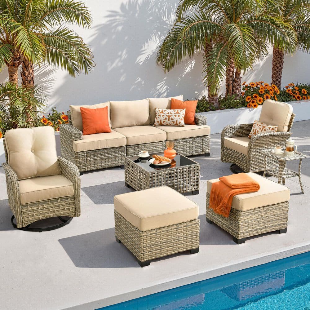 Solarium 9 Pieces Wicker Outdoor Patio and Swivel Rocking Chairs with Beige Cushions price history on PriceWatchPro