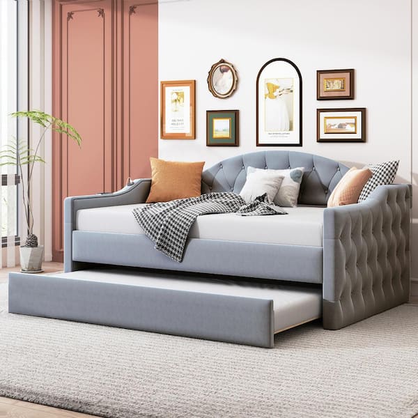 Harper & Bright Designs Gray Velvet Twin Size Tufted Upholstered Daybed with Trundle, USB, and Type-C Charging Ports