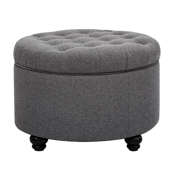 Unbranded Large Button Tufted Fabric Round Storage Ottoman for Living Room and Bedroom, Dark Grey