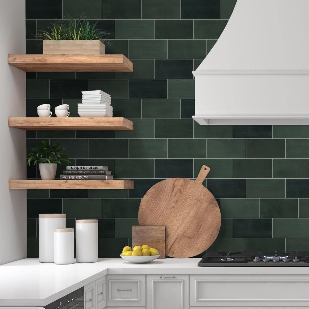 Green Stone Composite Peel and Stick Subway Wall Tiles