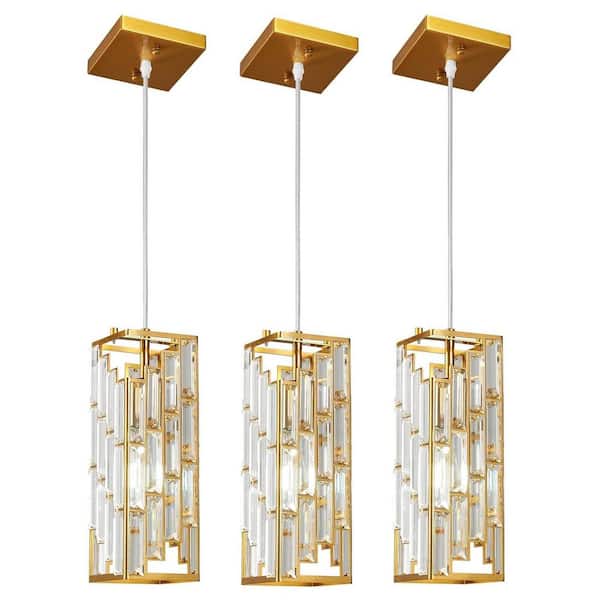 60-Watt 3 Light Gold Shaded Kitchen Pendant Light with Prism Design Crystal Shade, No Bulbs Included