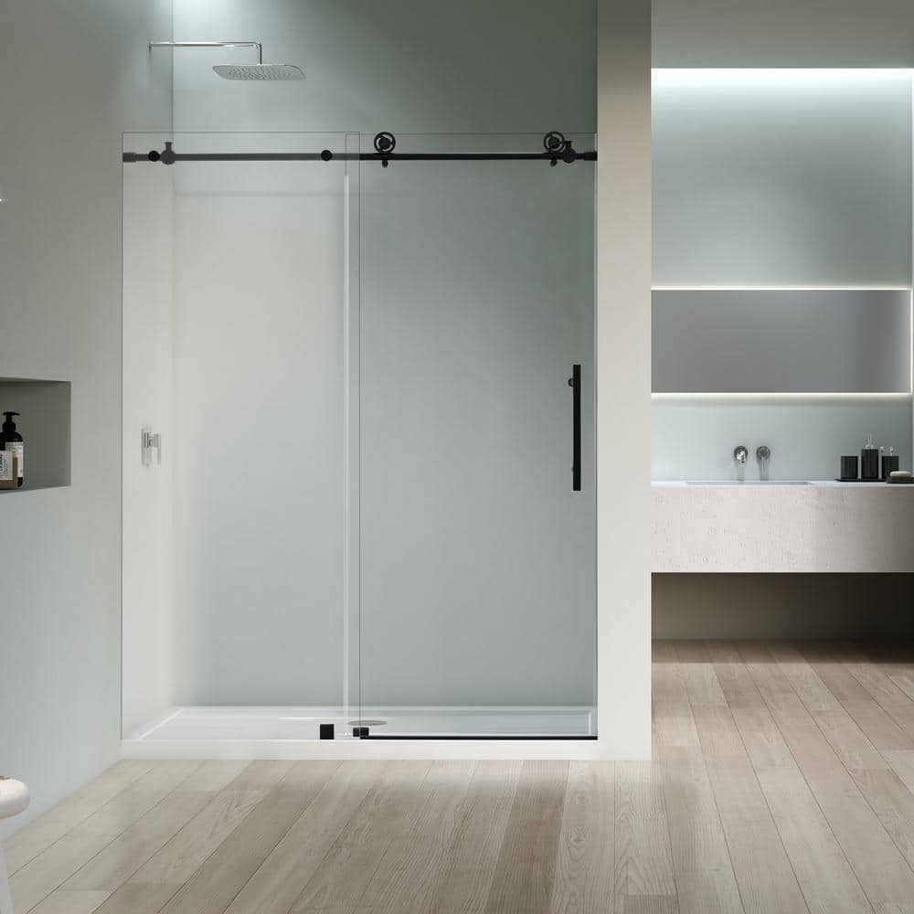 60'' Matte Black Frameless Sliding Shower Door with Clear Tempered Glass