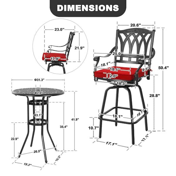Black 3-Piece Cast Aluminum Round Outdoor Dining Set with Red Olefin Cushions, Umbrella Hole, Swivel Design