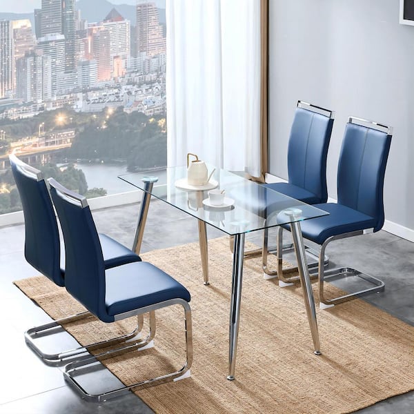 Modern Blue PU Leather High Back Dining Chair Upholstered Side
