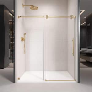 48 in. W x 76 in. H Single Sliding Frameless Shower Door in Brushed Gold with Clear 3/8 in. Glass