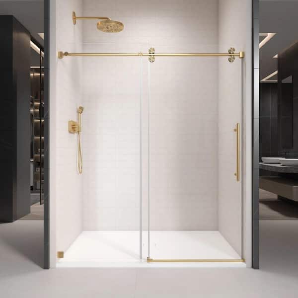 CKB 48 in. W x 76 in. H Single Sliding Frameless Shower Door in Brushed Gold with Clear 3/8 in. Glass