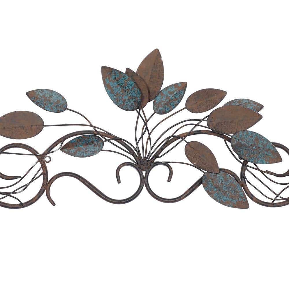 Blue and Brown Metal Leaf Wall Sculpture, 35" x 10"