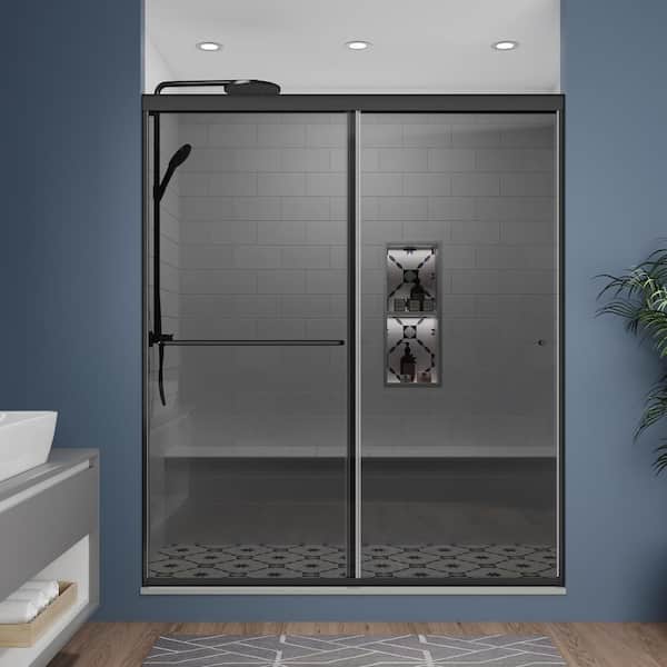ES-DIY 56-60 in. W x 70 in. H Sliding Framed Shower Door in Matte Black with 1/4 in. (6 mm) Gray Tinted Glass
