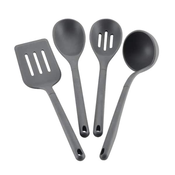4-Piece Silicone Cooking and Kitchen Tools Set with Ladle Solid Spoon Slotted Spoon and Slotted Turner Gray