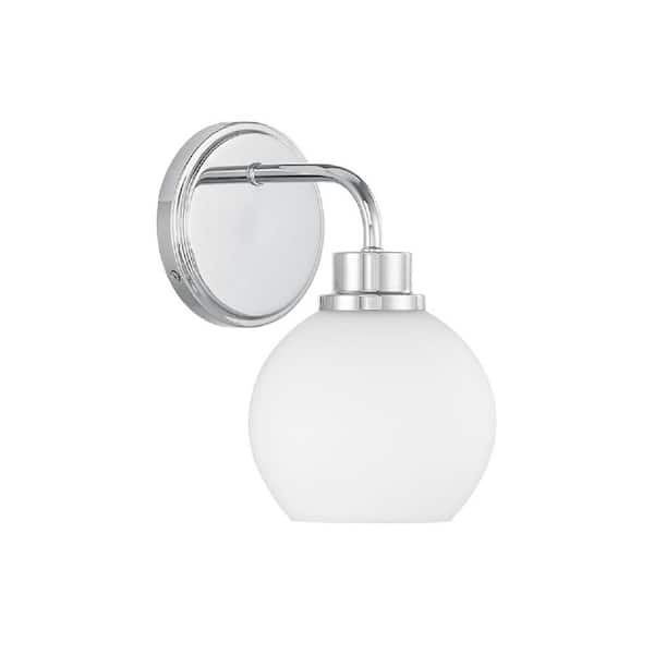 6 in. W x 9.5 in. H 1-Light Chrome Contemporary Wall Sconce with White Opal Glass Shade