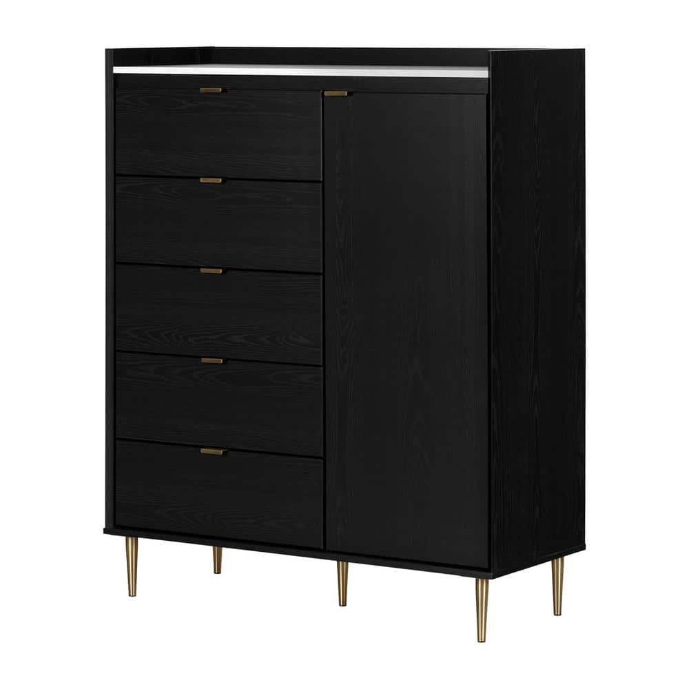 Black Oak and Faux Carrara Marble 5-Drawer Glam Dresser