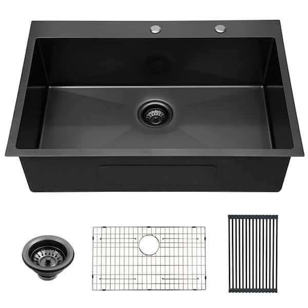 33 in.Gunmetal Black 16-Gauge Stainless Steel Single Bowl Drop-In Kitchen Sink with Bottom Grid