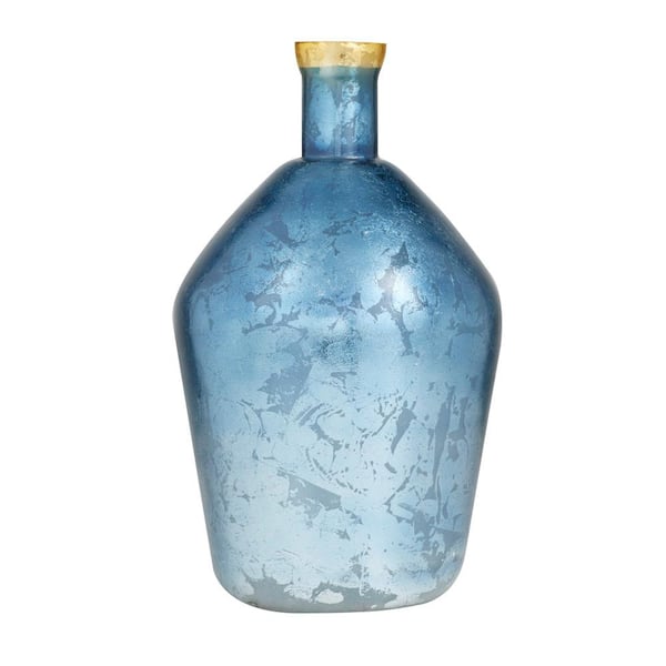Litton Lane 15 in. Blue Glass Decorative Vase with Gold Rim