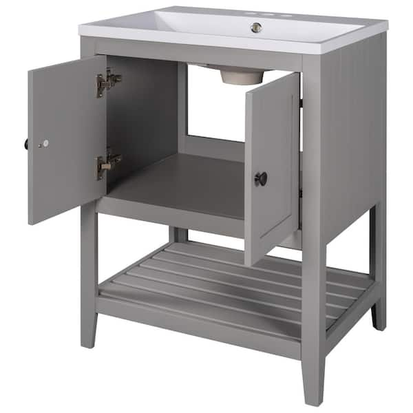 17.8 in. W x 23.7 in. D x 33.6 in. H Bathroom Vanity Ceramic Sink with Wood Frame Open Style Shelf Vanity Top in Gray