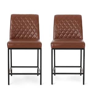 Berea 39.25 in. Cognac Brown and Black Diamond Stitch Counter Stool (Set of 2)