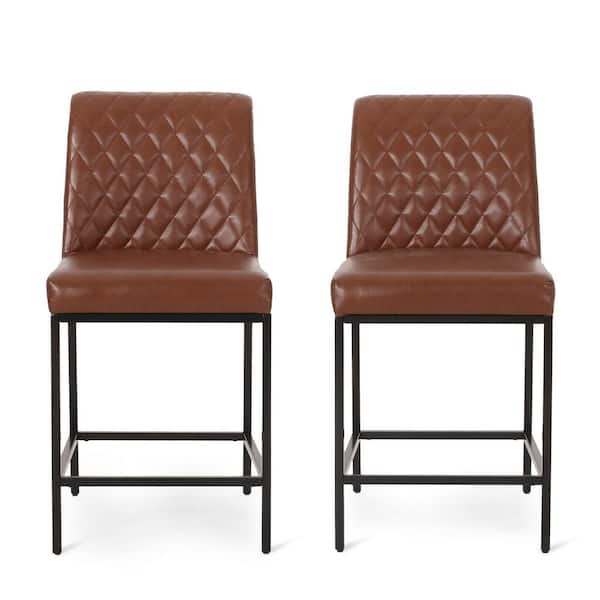 Noble House Berea 39.25 in. Cognac Brown and Black Diamond Stitch Counter Stool (Set of 2)
