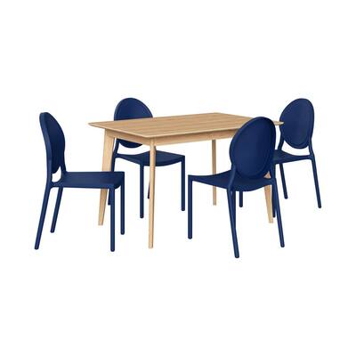 Trieu 5-Piece Rectangular Wood Tabletop in a Walnut Finish with Navy Blue Resin Chairs Dining Set
