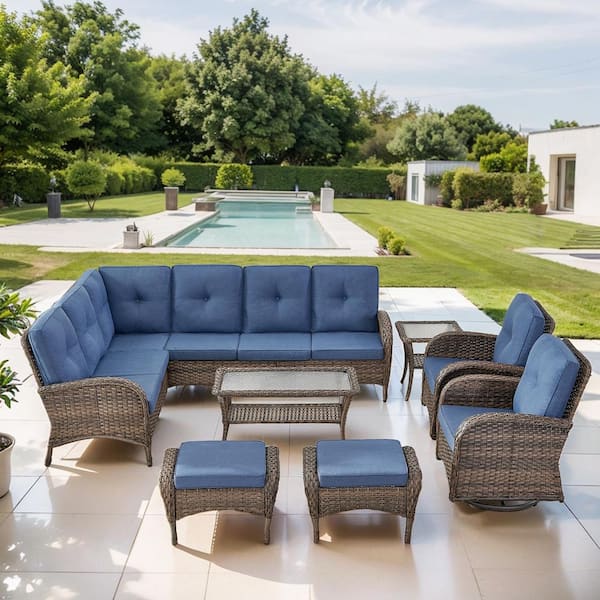 Opohoro Brown 7-Piece Wicker Patio Conversation Sectional Seating Set with Navy Blue Cushions and Swivel Rockers