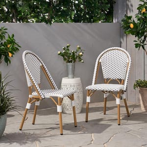 Elize Bamboo Print Patterned Metal and Faux Rattan Outdoor Dining Chair in Grey and White (2-Pack)