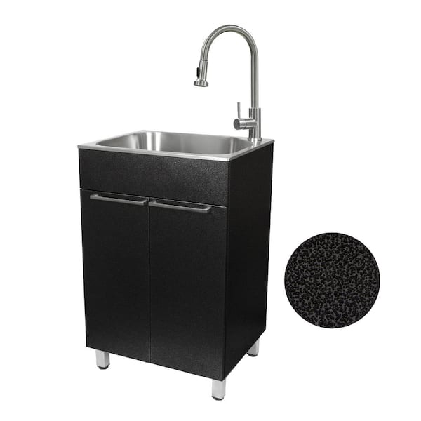 22 in. W x 10 in. D x 16.5 in. L Stainless Steel Laundry Sink with Faucet and Double Door Cabinet in Black