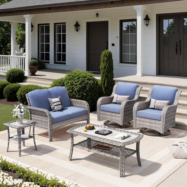 Miziisy Gray 5-Piece Wicker Patio Conversation Set with Denim Blue Cushions and Swivel Chairs