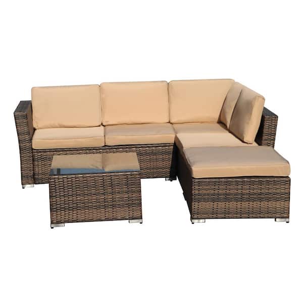 Willit 4-Piece Wicker Patio Conversation Sectional Seating Set with CushionGuard Brown Cushions