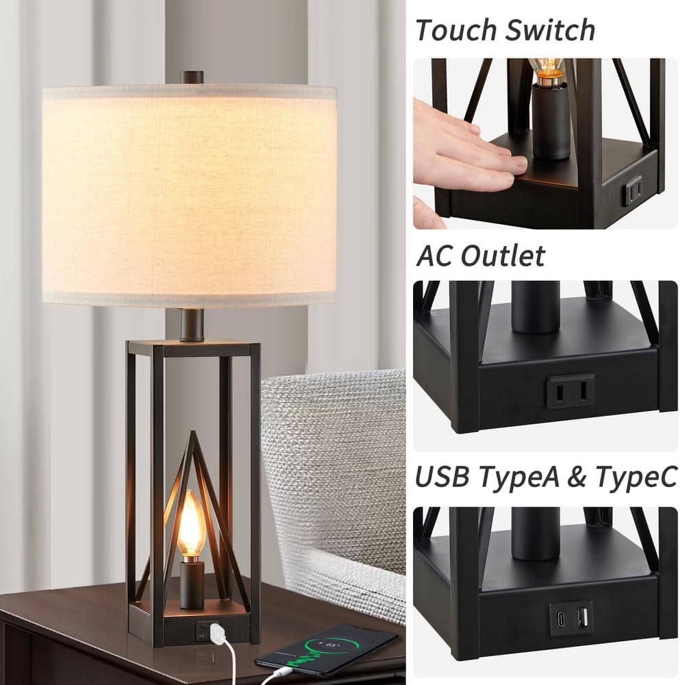 Black Metal 23.5'' Table Lamp Set with USB Ports and Night Light