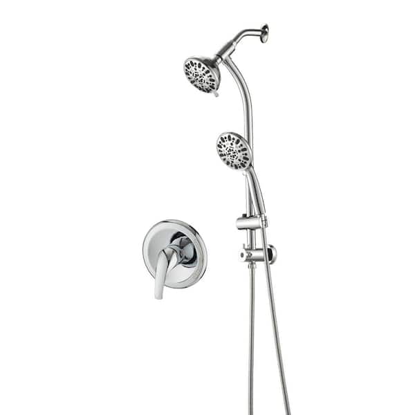 PROOX 7-Spray Patterns with 1.8 GPM 5 in. Wall Mount Dual Shower Heads with Drill Free Slide Bar and Valve in Chrome