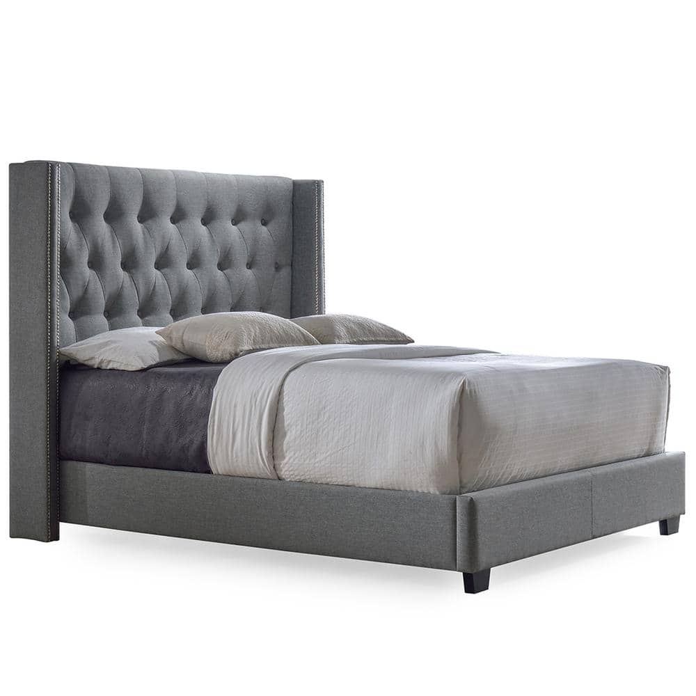 Luxurious King-Sized Gray Faux Leather Wingback Bed with Nailhead Trim