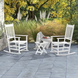 3 Piece White Wood Patio Conversation Set of Rocking Chairs and Side Table with Smooth Armrests for Garden Balcony Porch