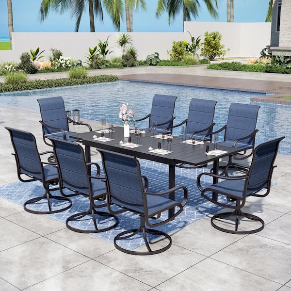 Black 9-Piece Metal Outdoor Patio Dining Set with Extendable Table and Padded Blue Textilene Swivel Chairs