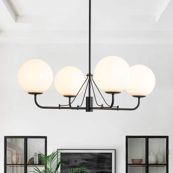 4 Light Matte Black Mid Century Globe Chandelier Modern Sputnik Pendant Light Fixture for Bedroom with Milky Glass Shade