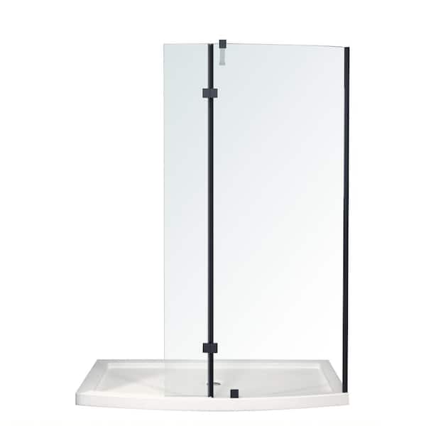 A&E Halim 34 in. L x 60 in. W x 75 in. H Alcove Shower Kit Pivot Frameless Shower Door and Shower Pan in Black
