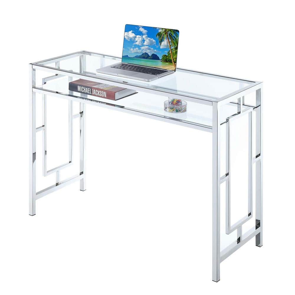 Gray and Clear Glass Chrome Desk with Shelf