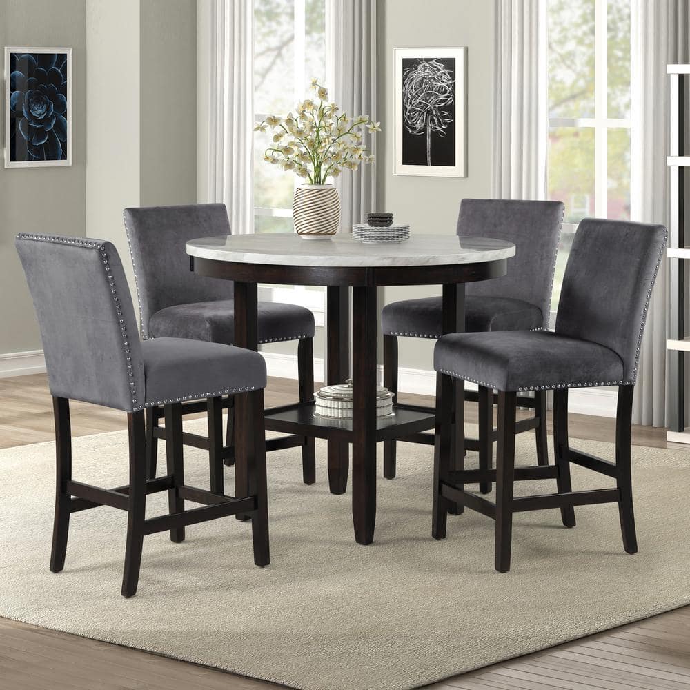New Classic Celeste 5-Piece Wood Round Counter Table Set in Gray