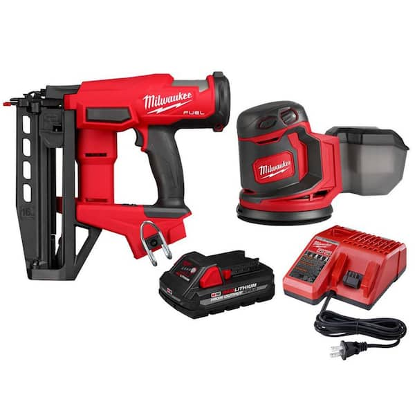 Milwaukee M18 FUEL 18 Volt Lith Ion Brushless Cordless 16 Gauge Straight Finish Nailer w Orbit Sander 1 3 Ah Battery Charger 3020 20 2648 20 48 59 1835 The Home Depot