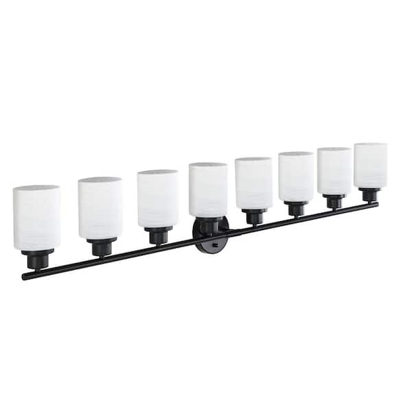52 in. 8-Light Matte Black Bathroom Vanity Light Fixture with Frosted Glass Shades