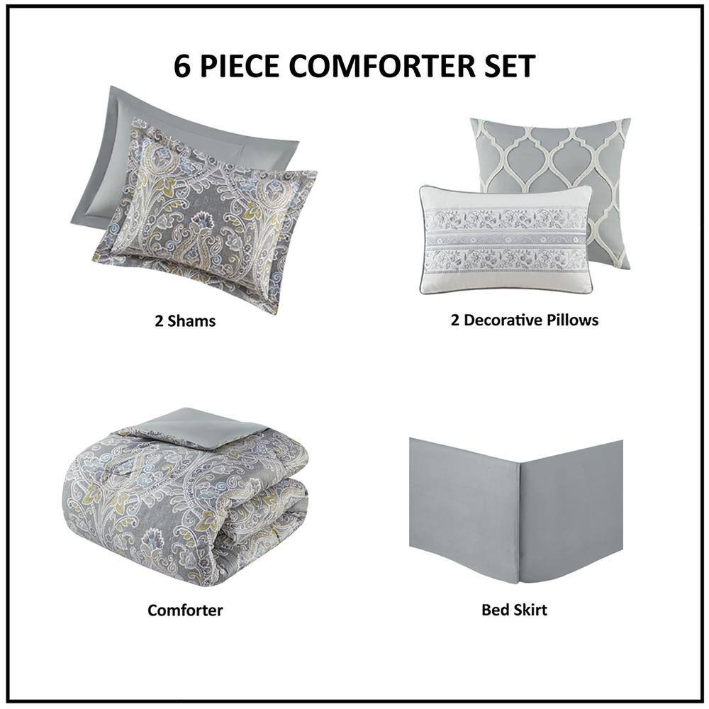 Hallie Damask Grey & Blue Queen Cotton Comforter 6-Piece Set