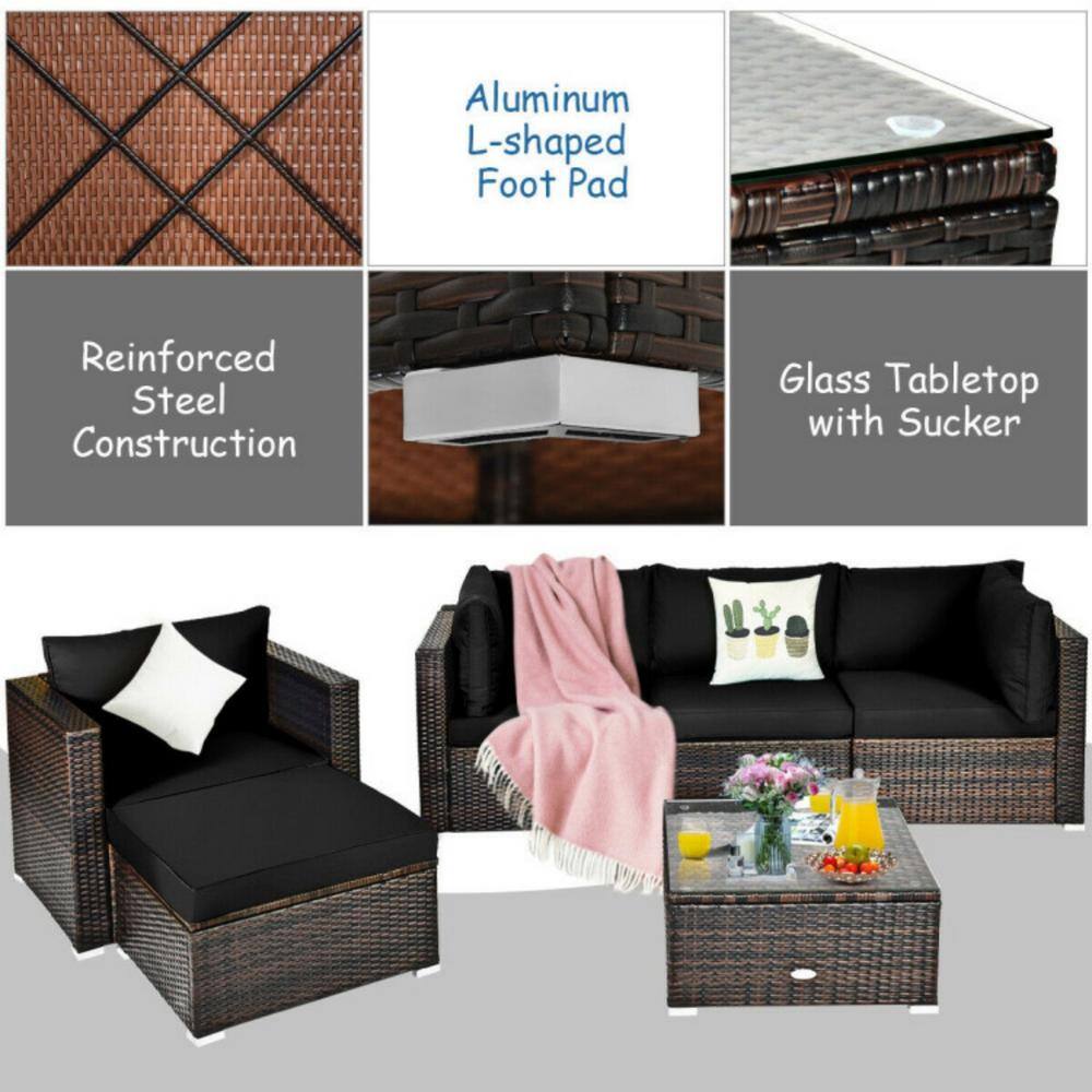6-Piece Black Rattan Outdoor Patio Furniture Set with Cushions