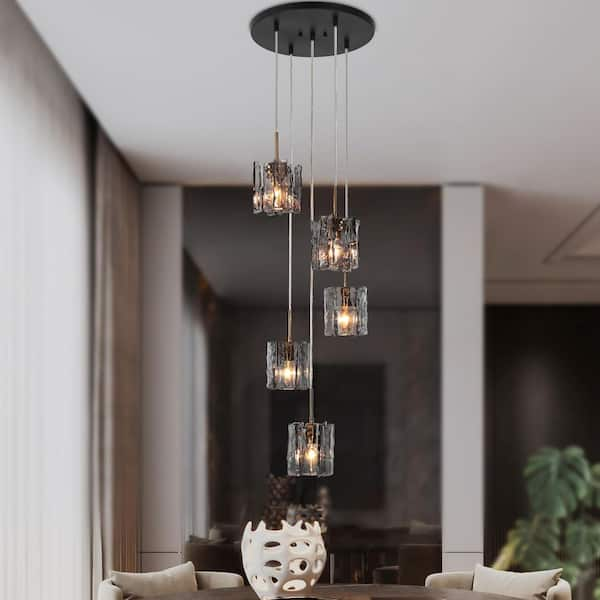 Echonalyri Modern 5-Light Matte Black and Plating Brass Chandelier with Glam Geometric Gray Textured Glass Shades