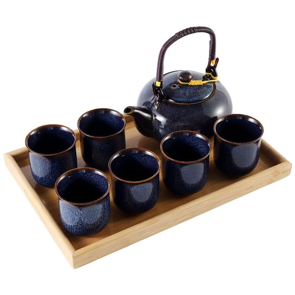 Japanese Tea Set 1 Set Kiln Altered Glaze Porcelain with 1 Teapot 6 Tea Cups 1 Tea Tray Dark Blue Unique Gift