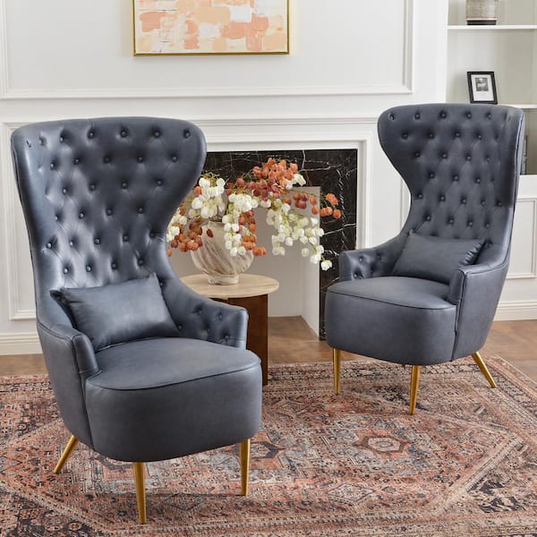 Navy Modern Upholstered Tufted Faux Leather Wingback Dining Chair (Set of 2)