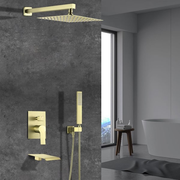 Single Handle 1-Spray Tub and Shower Faucet 2.5 GPM with 10 in. Shower Head in Brushed Gold (Valve Included)