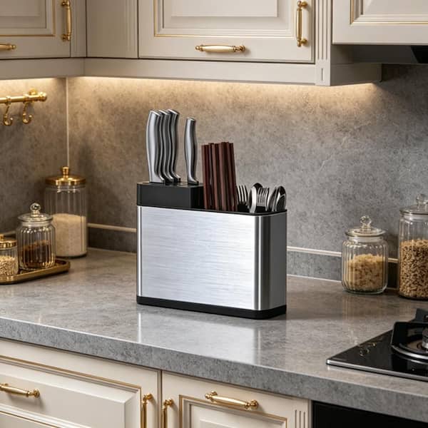 Stainless Steel Kitchen Cutlery Holder in Silver, Knife Block, Storage Rack Organizer Utensils Chopstick Box for Kitchen