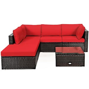 6-Piece PE Wicker Outdoor Patio Conversation Sofa Set with Red Cushions