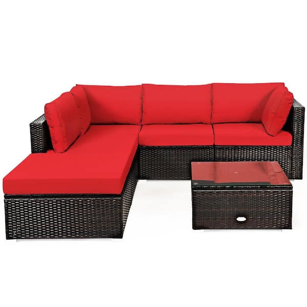 ANGELES HOME 6-Piece PE Wicker Outdoor Patio Conversation Sofa Set with Red Cushions
