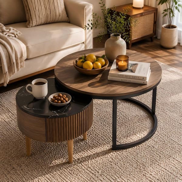 23.6 in. 2-Piece Brown and Black Round Wood Coffee Table Set Nesting End Table with Drawer