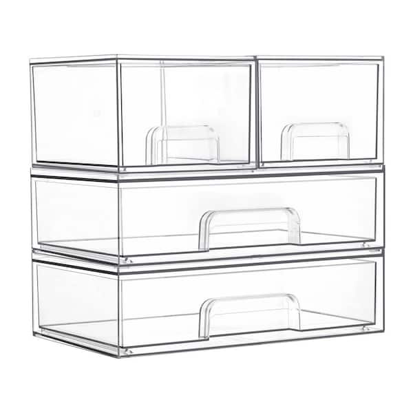 4-Pack Stackable Clear Plastic Over-the-Cabinet Vanity Organizer with Built-in Handle and Non-Slip, 2 Small+2 Wide