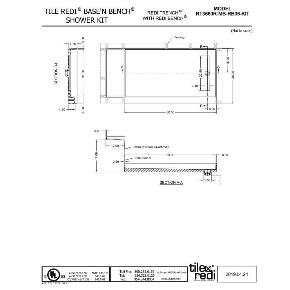 72" x 36" Grey Matte Rectangular Shower Base with Bench